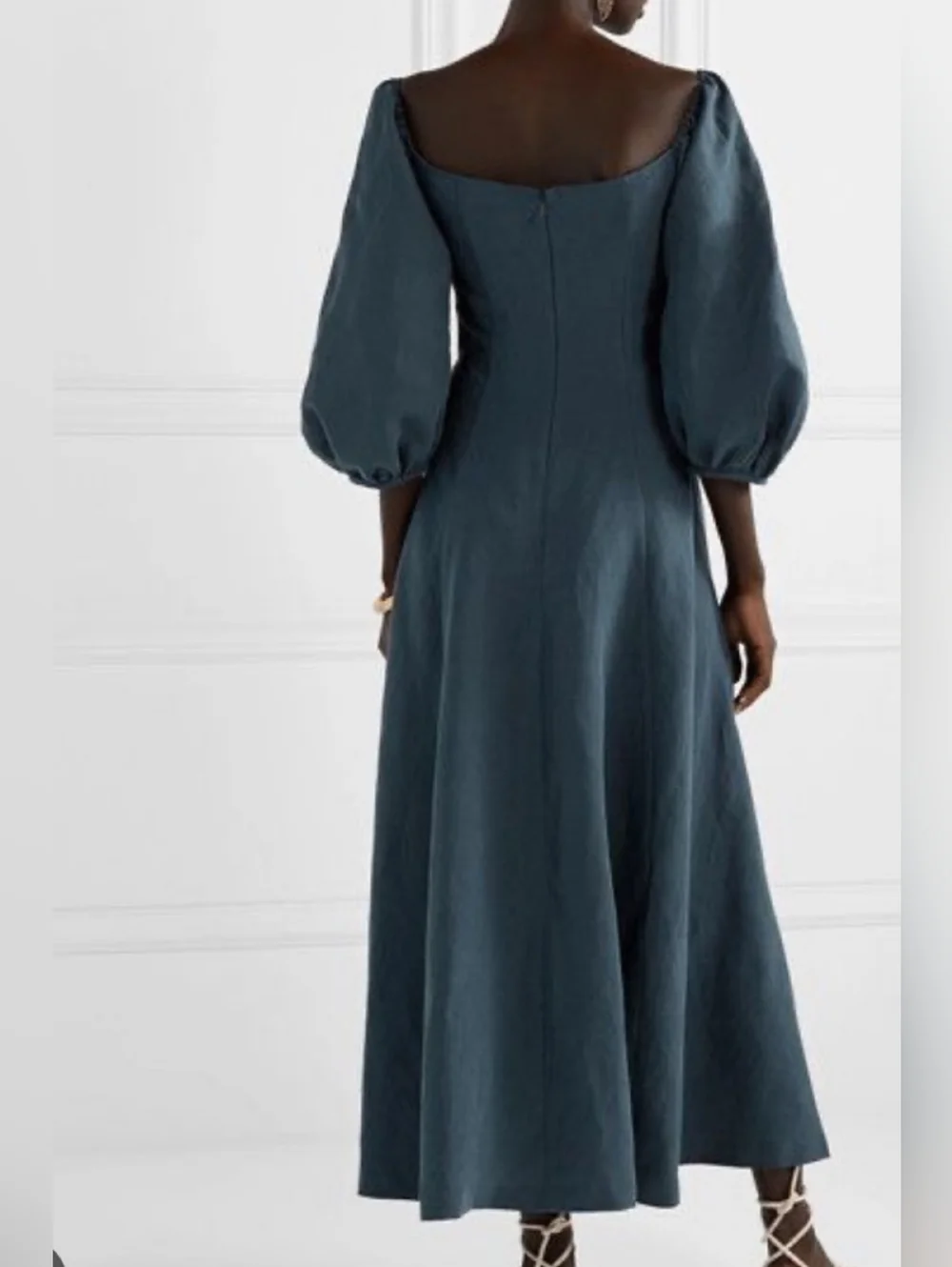 Mara Hoffman Mika Puff-Sleeve Linen Blend Button-Front Maxi Dress in Navy Blue - Picture 3 of 12